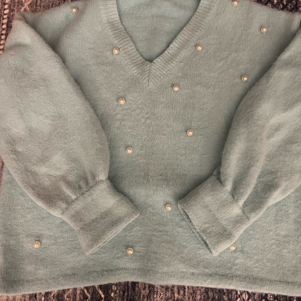 Baby Blue Sweater with Pearl Accents